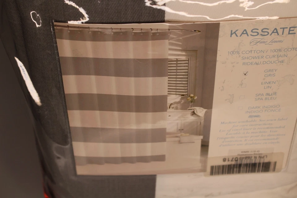 Kassatex Fine Linens HMS-115-G 汉普顿条纹灰色浴帘 100% 棉 — 第 2/2 张图片