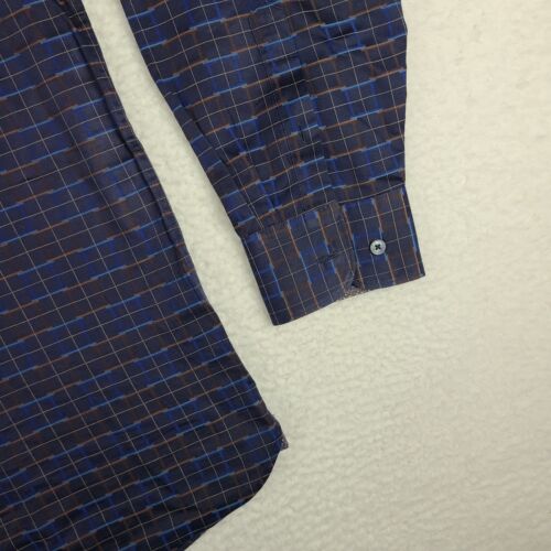 BUGATCHI Shirt Mens 2XL XXL Dark Blue Brown Check Classic Fit Dress Button Up - Picture 2 of 11
