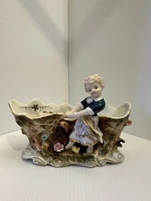 Victorian Germán Fishing Figurine With A Net Full Of Colorful Fish