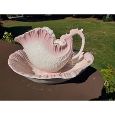 Nautilus Serpent Large Wash Basin Pitcher Set Pink Cream Iridescent Ceramic