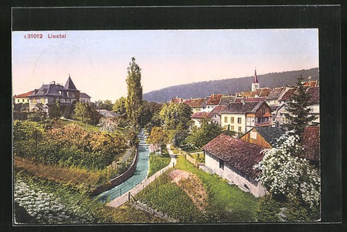 Postcard Liestal, district view in spring with stream and houses  - Picture 1 of 2