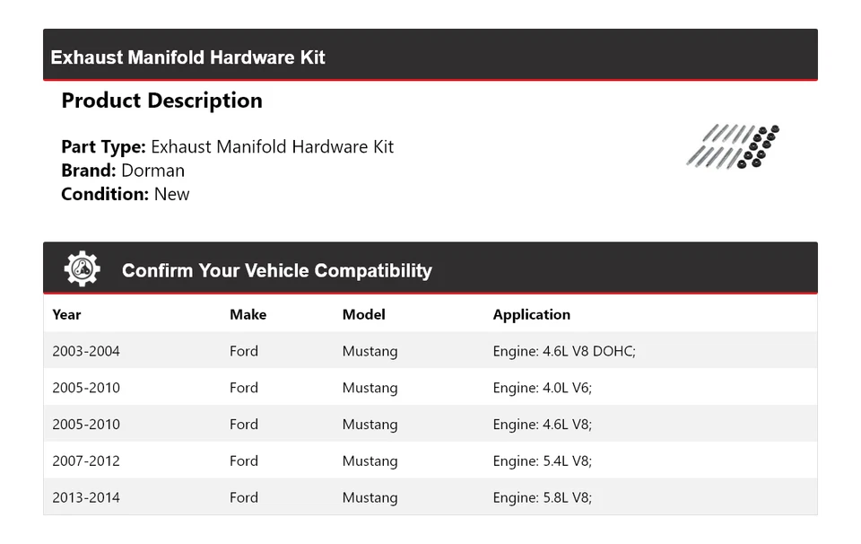 Kit de herrajes colector de escape para Ford Mustang Dorman 2003-2014 2004 2005 2006 Foto 2 de 4