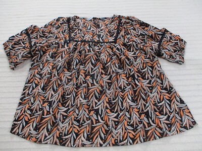 Yuxin Womens Shirt XL Black Floral Short Sleeve Trim Round Neck Orange Blouse