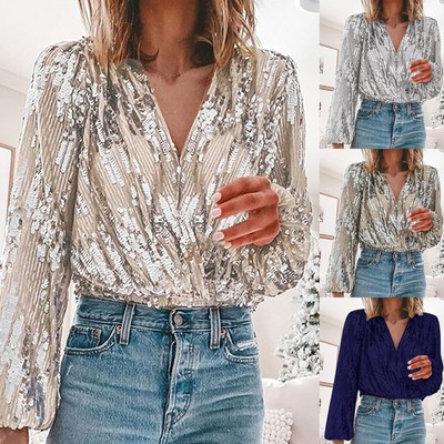 Women's V Neck T Shirt Long Sleeved Fine Glitter Gradient Printed V Neck Top