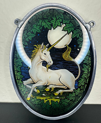 Glassmasters 1980 Oval Unicorn Stained Glass Hanging Window Suncatcher.
