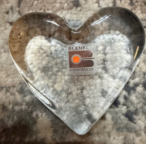 Vintage Blenko Clear Glass Heart Shaped Paperweight With Original Sticker