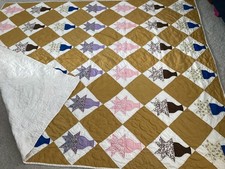 Vintage Patchwork Quilt Basket Of Flowers 66  X 83  Handmade Quilted Feedsack