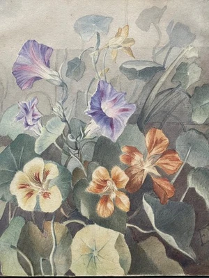 Aquarelle fleurs pensées fin XIXème peinture signée aux initiales - Photo 1/4