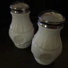 Vintage Wheaton Coin Medallion Milk Glass Salt & Pepper Shaker Set.   L1