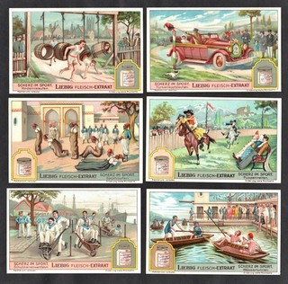Humorous Sports Cards Set 1929 Liebig Puppet Car Race Wheelbarrow Puppet Rowing
