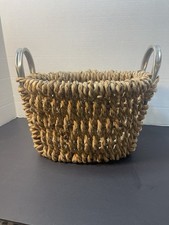 Woven Seagrass Basket w Metal Handles Rustic Farmhouse Storage Bin