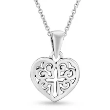 Mini Open Heart with Cross Fleur de Lis Swirl Sterling Silver Necklace