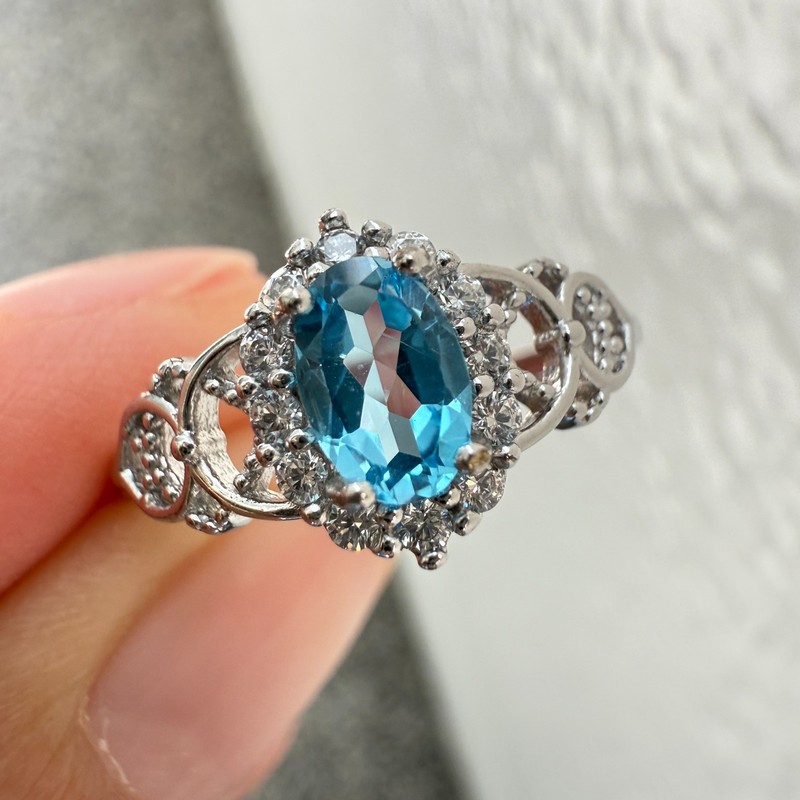 925 Sterling Silver Ring Oval Blue 6x4mm Natural Topaz Gemstone Zircon Women