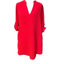 LUSH Red Medium Dress Minimalist V Neck Roll Sleeve Boho Pocket Tunic Tomato
