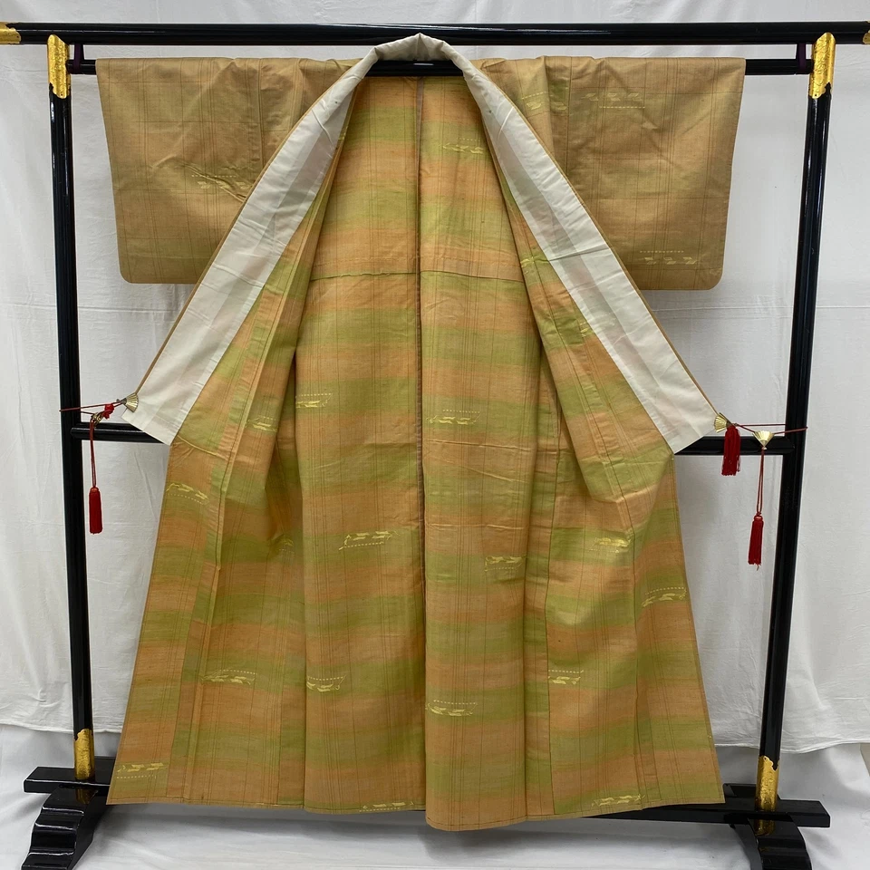 Kimono giapponese vintage seta beige Komon senza fodera lunghezza tradizional... - Immagine 3 di 4