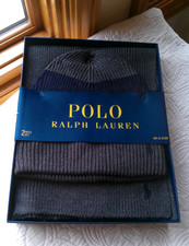 RALPH LAUREN POLO GIFT BOX SET BEANIE HAT  SCARF SMALL PONY CHARCOAL  NAVY NWT