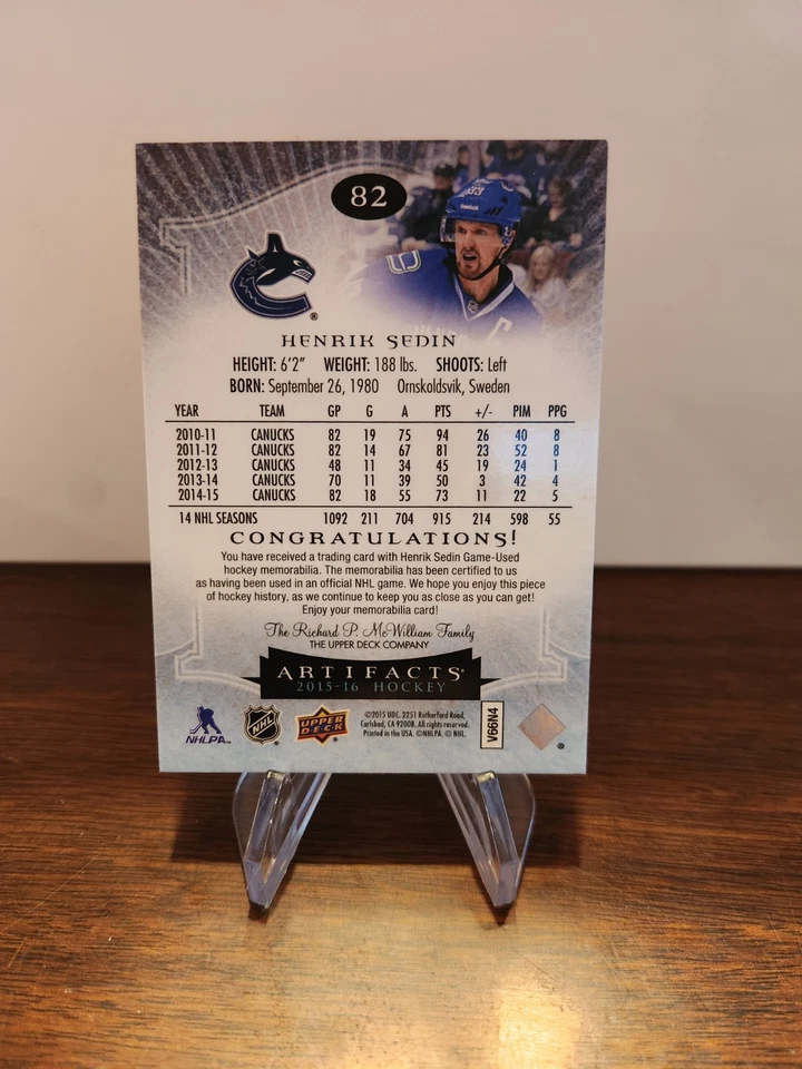 Henrik Sedin - 2015-16 Artifacts Jersey Patch Emerald #'d /75 - Image 2 of 2