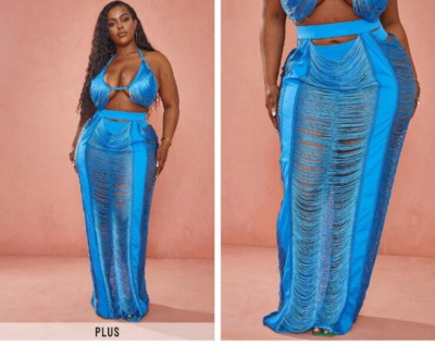 PLT Coverup Bikini Set 20/22 Fringed Maxi Skirt Vacation Beach Resortwear Blue