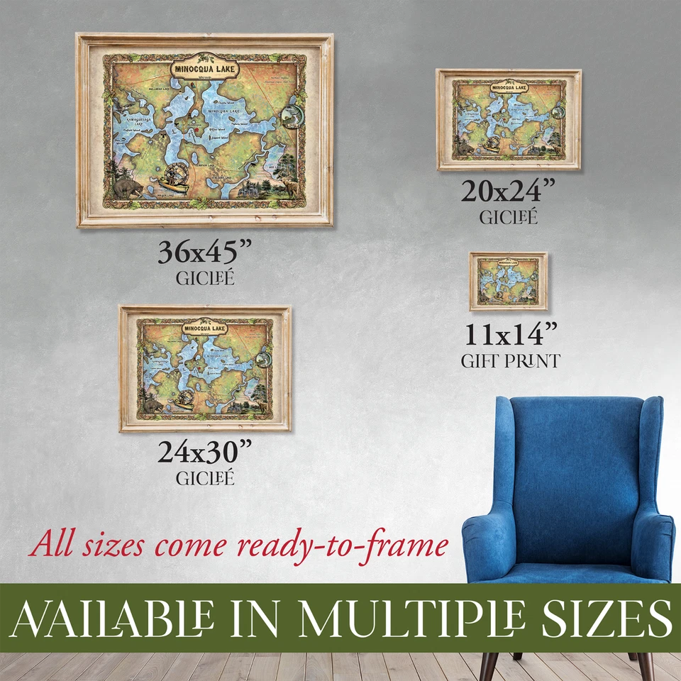 Impresión artística de mapa de la cadena de lagos de Minocqua - Póster de decoración de la casa de los lagos de Wisconsin regalo Foto 2 de 4