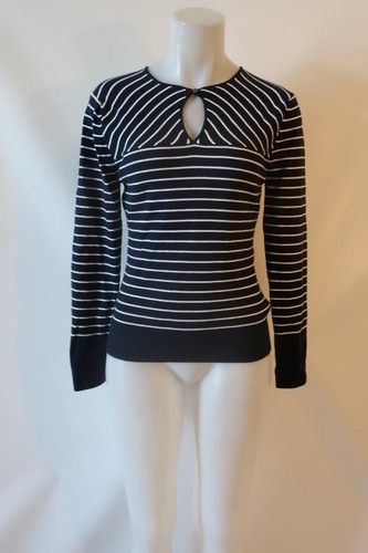 NWT Minnie Rose Navy Blue White Striped Cotton Cashmere Keyhole Neck Sweater L * - Picture 3 of 7