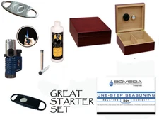 Cigars cherry humidor, holds 50 metal cutter lighter gift set w/1 step seasoning
