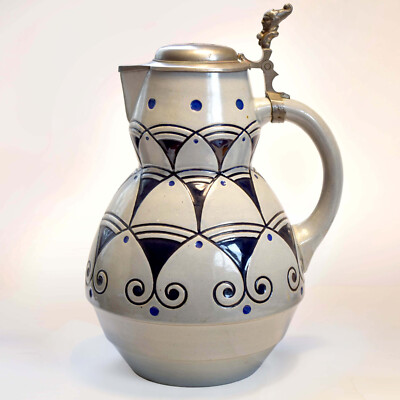Rare Jugenstil /Art Nouveau -  German Stoneware Jug - Jester Lid Lift - 12'' /3 L