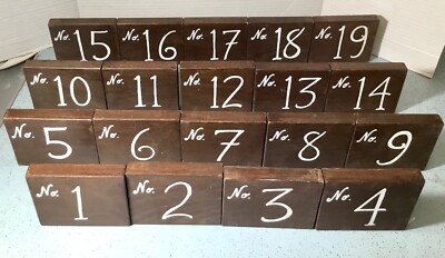 WOODEN TABLE NUMBERS 1-19 HANDPAINTED 4-3/8'' W x 3-1/2'' T x 3/4''