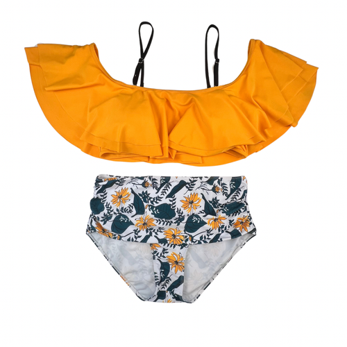 Costume da bagno 2 pezzi XL giallo girasole increspato spalle scoperte balza top fondo increspato - Foto 11 di 12