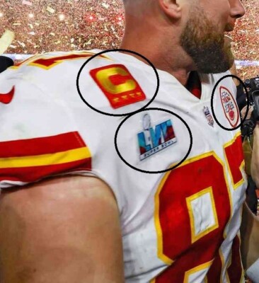 Sb 57 Kc Chiefs Travis Kelce Te 4   Star Rot Captain Gold C-Patch + A Patch +