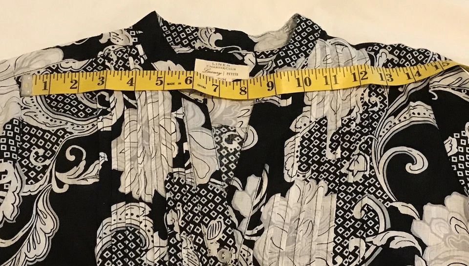 LINO CHARTER CLUB LUX PETITE PM TOP/BLUSA ABOTONADA NEGRA BLANCA 3/4 SLV USADA EN EXCELENTE CONDICIÓN Foto 4 de 4