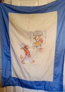 Vintage Embroidered Puppies Child's Blue White Coverlet 43 x 54