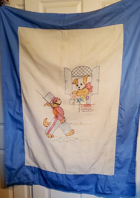 Vintage Embroidered Puppies Child's Blue White Coverlet 43 x 54