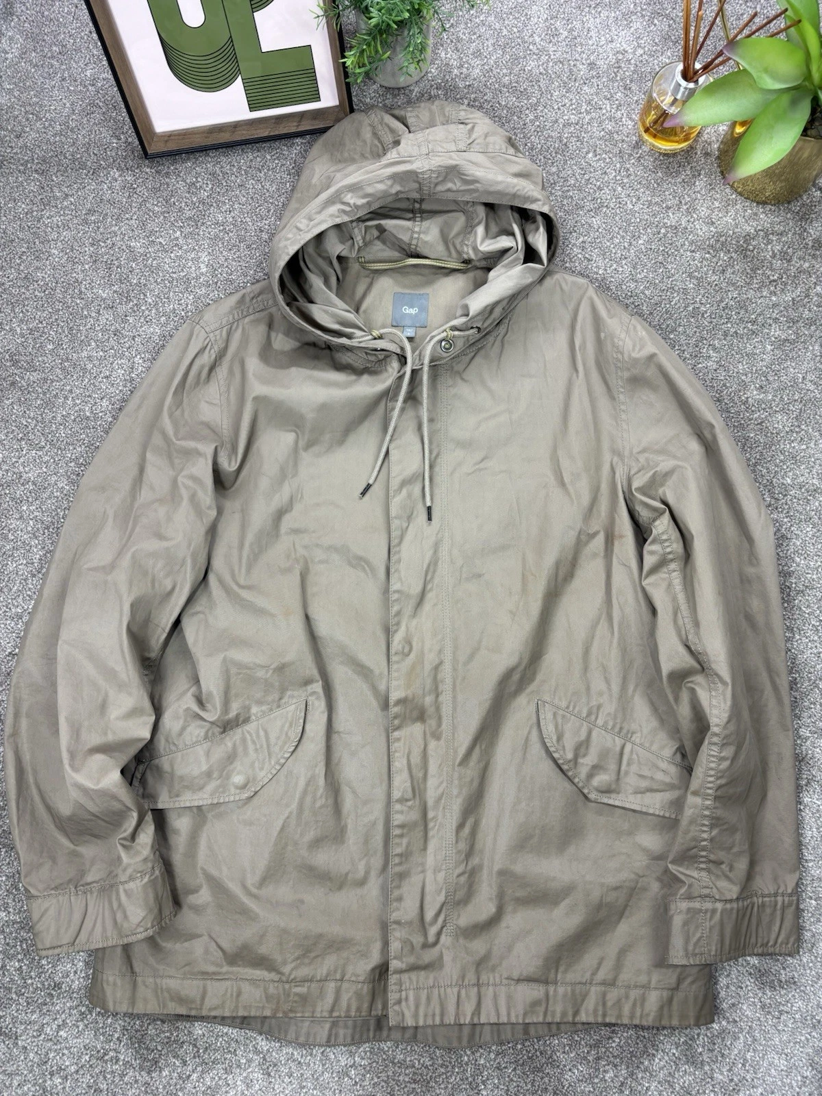 GAP Parka Jacket Unisex Large Beige Tan Cotton Retro Classic Coat Mod