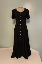Vintage 90s Long Black Rayon Dress Womens Small Short Sleeve Shell Button Front