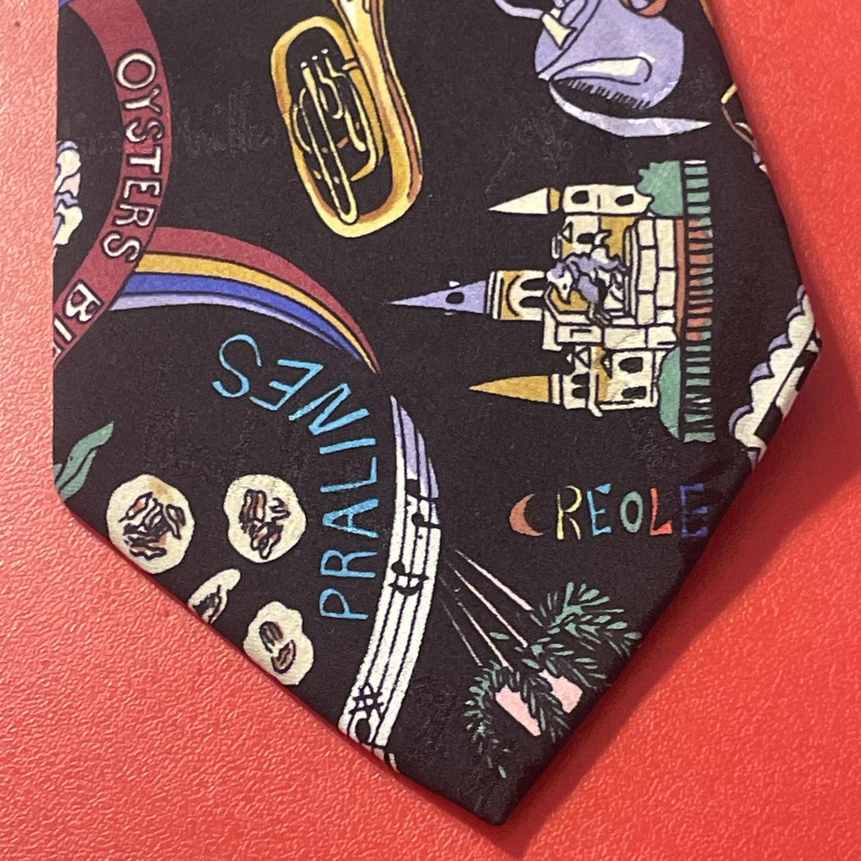 Corbata de seda vintage usada en excelente estado Nicole Miller 1995 música Zydeco tema cajún arte pop Foto 4 de 4
