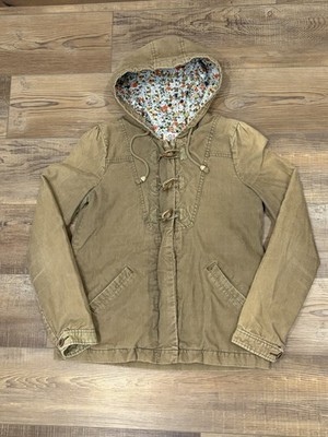 Roxy Y2K Vintage Tan M Corduroy Hooded  Faded Distressed Boho Floral Lining Zip