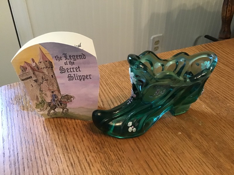 Fenton Art Glass Secret Slipper Sea Mist Green (?) 2931 SL, Hand Painted, signed