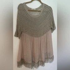 San Joy Tan Crochet Knit Top Cover Up