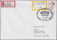 Sonder-R-Zettel 4150 Krefeld Rang-3-Ausst. 1993, R-Bf SSt Krefeld 24.4.1993