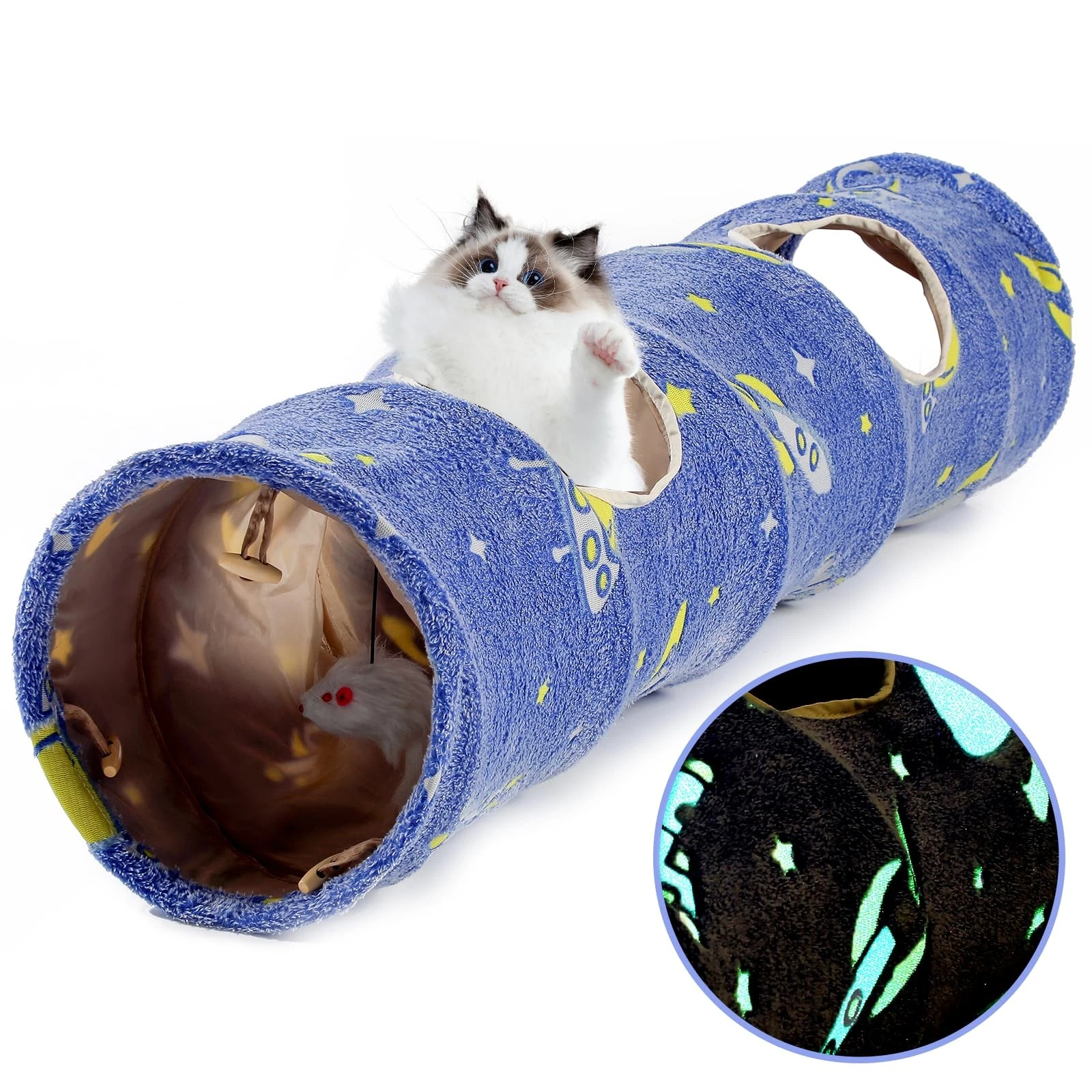 Glowing Astronaut Pattern Cat Tunnel - Collapsible with Plush Balls, Ideal fo...