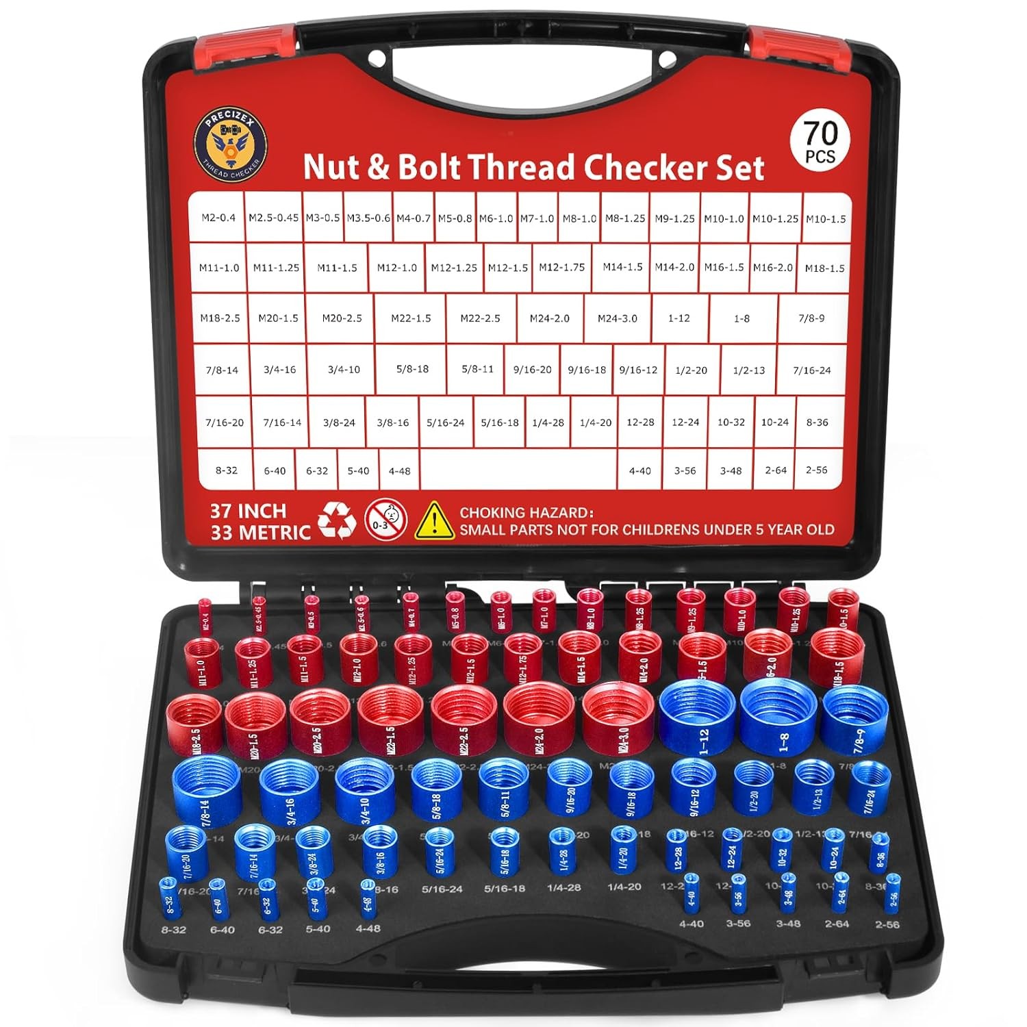 70 Pcs Nut & Bolt Thread Checker Set 37 SAE 33 Metric Gauge for Size ...