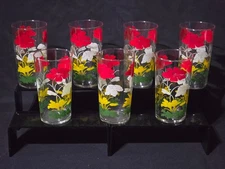 Vintage ANCHOR HOCKING Floral HIBISCUS 18oz Iced Tea Glass - Set Of 6 + 1 FREE