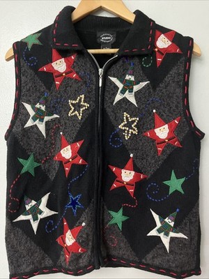 Christmas Vest Sweater  novelty Santa stars felt applique zipper Size L Granny
