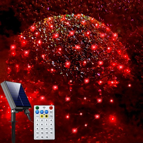Solar Net Christmas Lights Red 200 LED Net Lights Outdoor Mesh Lights Waterpro