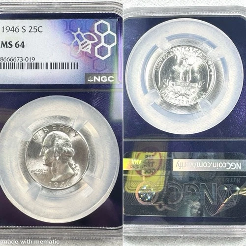 1946 S 25C MS 64 - 90% Silver Quarter Trader Bea Purple Core George Washington