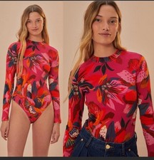 NWT NEW Farm Rio Colorful Flowers Bodysuit L Resort Tropical Ribbed