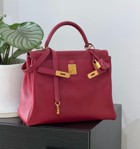 Auth Hermès Kelly 32 Retourne Leather Rouge Pivoine I6 Handbag GHW Gold Hardware