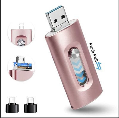 4-in-1 Dual-Drive 128GB Flash Drive USB-C Lightning Micro USB Pink for iPhone