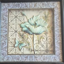 Tre Sorelle Studios Framed Botanical Prints Set Flowers Butterflies Blue Green