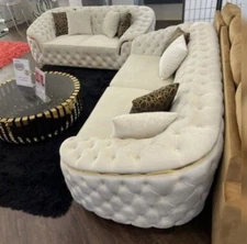 Luxe White Cream Gold 2pc Sofa Loveseat Set Velvet Fabric, Modern Living Room